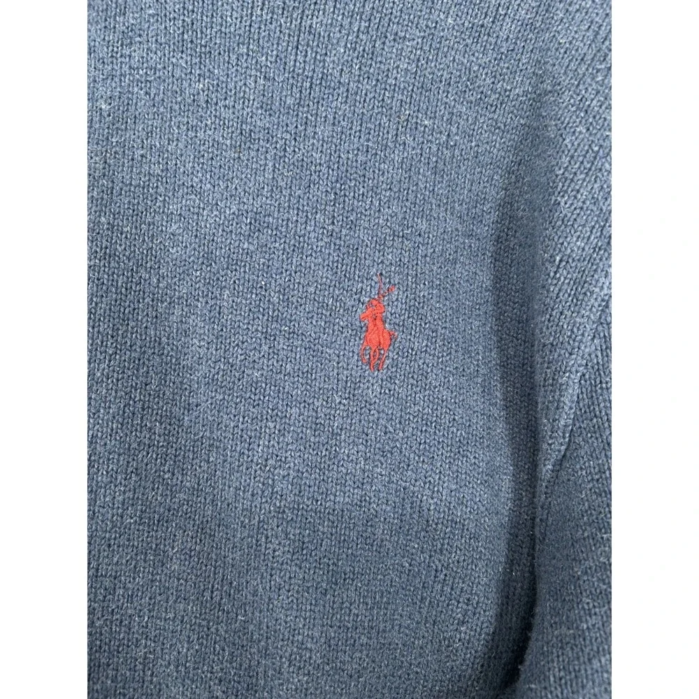 Polo‎ Ralph Lauren Sweater Leather Tab Quarter 1/4 Zip Pullover Blue Knit Mens L